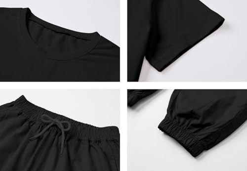 Image of Betusline Girls 2 Piece Summer Outfits,Black Heart Cute Short Sleeve Crop Tops + Black Cargo Jogger Pants Clothes,13-14 Years = Tag 170