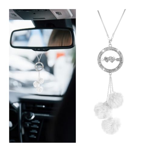 Bittwee Bling Car Hanging Ornament, Rhinestone Diamond Rearview Pendant Charm, Heart and Luxury Plush Ball Auto Interior Decoration, Universal for SUV, Truck, Sedan (White)