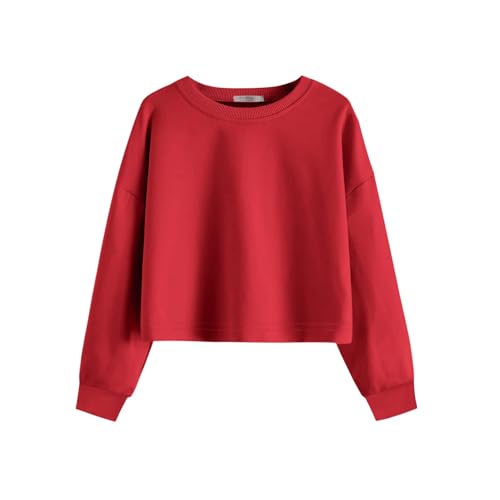 Arshiner Camisola para meninas de manga comprida Crop tops de algodão com gola redonda tops para meninos de 5 a 12 anos, Vermelho