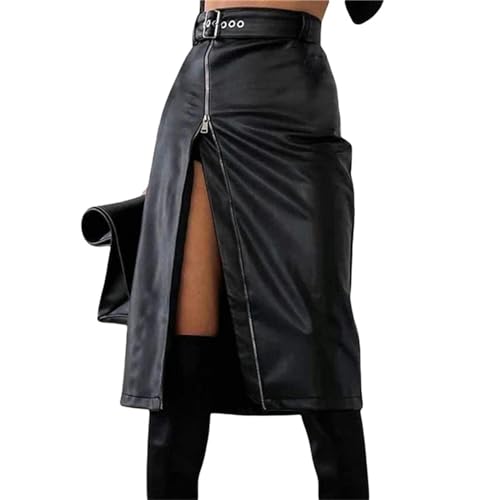 Jupe crayon noire femmes PU cuir taille haute midi fendue avec ceinture