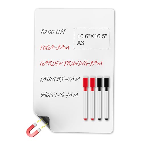 MOXYOY A3 Magnetic Whiteboard for Fridge,27x42cm Dry Erase Whiteboard Sheet with 4 Marker Pen,Magnet Board for Family Weekly Meal Planner, Notes or Reminders,Office Notice Board