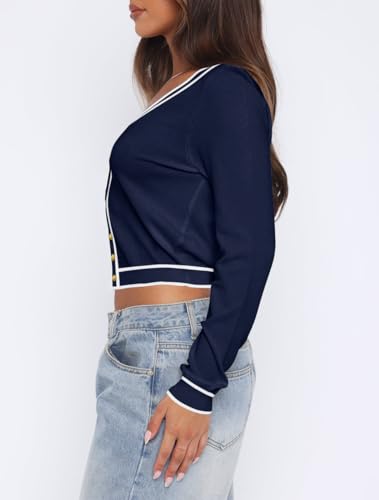 Ezbelle Women's V Neck Sweater Long Sleeves Striped Shirt Knit Button Down Top Open Front Cardigan Crop Sweaters3