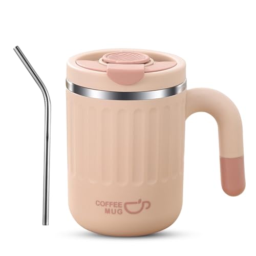 Kytpyi Termos Caffè, Tazza Termica, 480ml Bicchiere Termico a Prova di Perdite con Paglia Coperchio per Caffè Bevande, Thermos Caffe Acciaio Inossidabile Antiscottatura per Casa Ufficio (Rosa)
