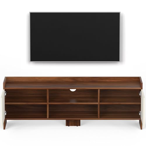 Image of BLUEWUD Charley Engineering Wood Floor Standing TV Entertainment Unit Set Top Box Stand /TV Cabinet Panel with Shelves for Books & Decor Display Unit Bed Living Room Upto 50 inch (Brown Maple & White)