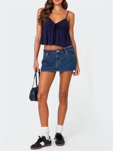 Women Y2k Flowy Ruffle Hem Cami Tank Top Casual Solid Color Deep V Neck Sleeveless Peplum Camisole Summer Beachwear 5