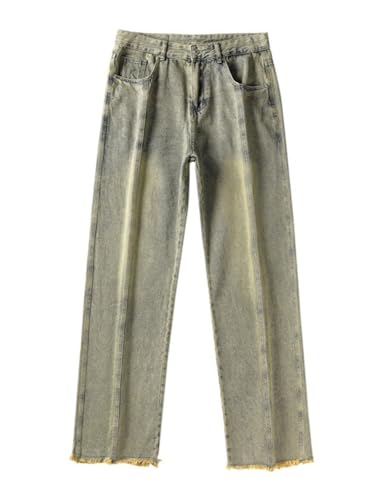 Jeans Pants Trouser Denim Spring High Street Yellow Mud Men's Fashion Retro Straight Hairy Haired Men and Women