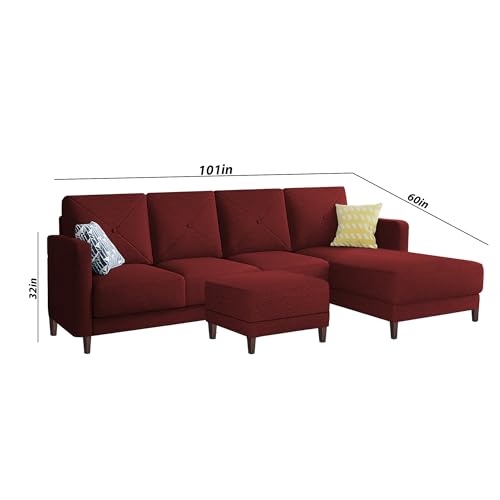 Image of Baloney RHS 6 Seater L Shape Sofa Set with Center Table for Living Room (Maroon Fabric) Premium Fabric Sofa