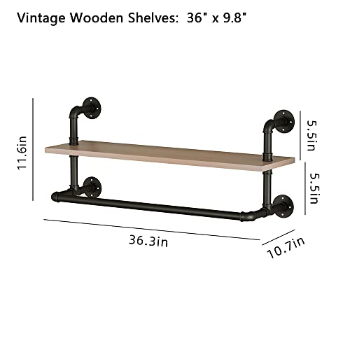 Maikailun Wall Mounted Clothes Rack With Wood Shelf,36" Long Industrial Pipe Clothing Rack With Shelf Heavy Duty Iron Garment Rack Bar,Retail Display Clothes Rod For Clothes,Laundry Room,Black #TOP2