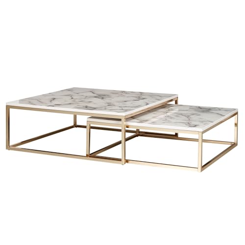 FineBuy Design Couchtisch 2er Set Weiß Marmor Optik Eckig, Couchtische 2-teilig Tischgestell Metall Gold, Edle Wohnzimmertische, Moderne Satztische
