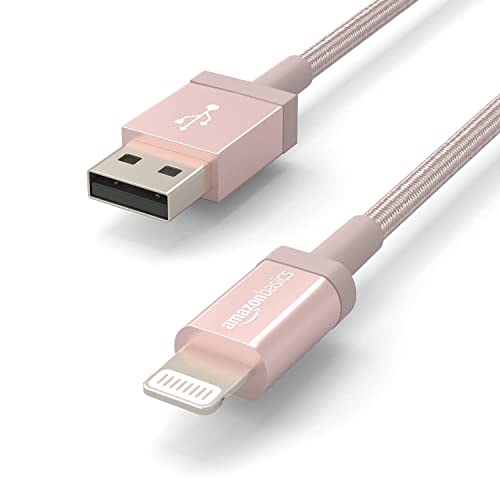 Image of Amazon Basics 2-Pack USB-A to Lightning Cable, Apple MFi Certified, Nylon Braided Cord for iPhone 14 13 12 11 X Xs Pro, Pro Max, Plus, iPad, Data Sync, High Speed Transfer, 6 Foot, Rose Gold