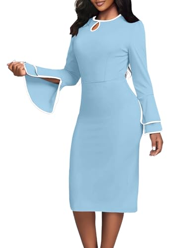 ZonJie Church Dresses for Women Bell Sleeves Business Wear to Work Cocktail Party Pencil Casual Dress2