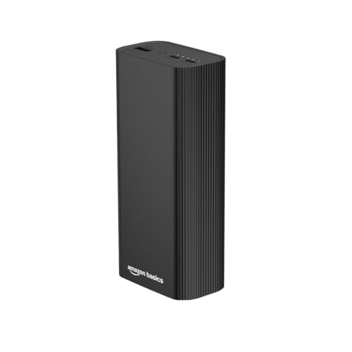 Image of Amazon Basics 27000 mAh Power Bank, 65W Fast Charging, Outputs (2 Type C & 1 USB) PD3.0, for iPhone, Android, Laptop, Tablets, Earbuds, Flight Friendly, Metallic Body (Black)