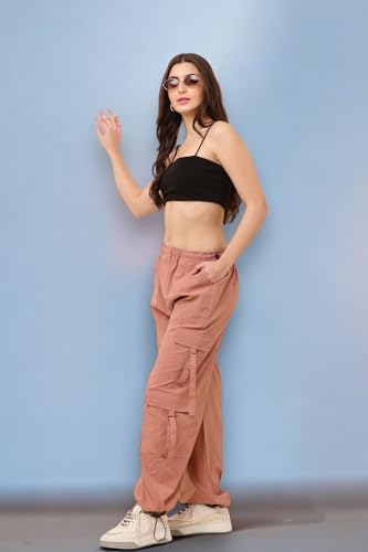 Image of SQew Women's High Waist Baggy Cargo Pants | Loose Fit Parachute Utility Trousers with Multiple Pockets | Casual Streetwear Pants