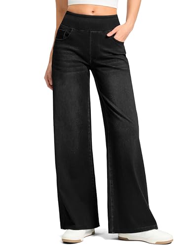 Rammus Wide Leg Jeans Woman High Waisted Pull On Jean for Women Stretchy Tummy Control Baggy Straight Denim Pants