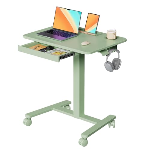 Image of Mobile Standing Desk with Drawer, 28 inch Rolling Desk with Cup Holder and Hooks, Portable Laptop Workstation on Wheels, Height Adjustable Cart with Storage for Home Office, Sage Green