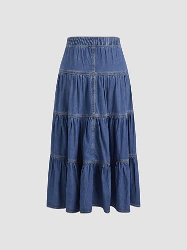 CIDER Womens Jean Long Skirts Tiered Denim High Elastic Waisted Western Cowgirl Midi Skirts2