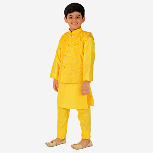 Image of Pro-Ethic Style Developer Kurta Pajama For Kids Boys With Waistcoat | Silk | Floral | Traditional Dress (S-200)