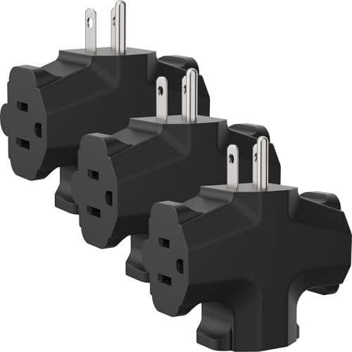 PLUGTUL 3 Way Plug Adapter 3 Plug Wall Adapter 3 Prong Grounded 15A 1875W Multiple Plug Expander for Home Outdoor ETL Listed Black 3PACK