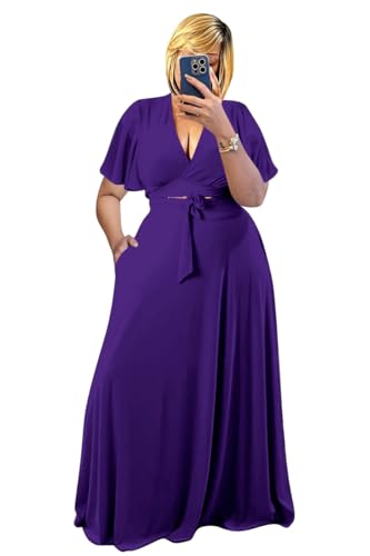 Image of Plus Size Women's 2 Piece Outfits Casual Short Ruffle Sleeve Wrap Crop Top Maxi Long Dress Flowy Matching Sets