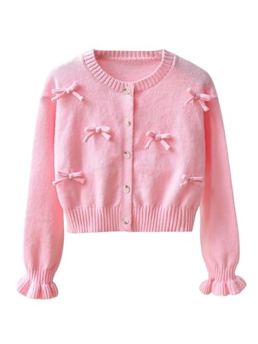 WDIRARA Girl's Cute Bow Cardigan Sweaters Button Up Ruffle Long Sleeve Knit Outerwear
