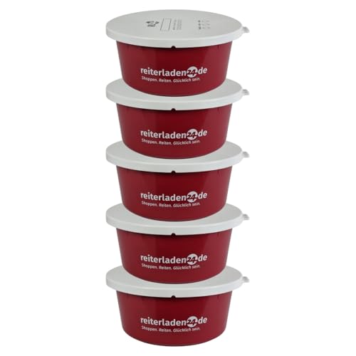 RL24 - Leckerlischale – Pferde Müslischale mit Deckel – Futterschale zur Aufbewahrung von Leckerli & Pferdefutter – Leckerli-Dose in Rubinrot – 5 Schalen á 2l (5er Set) – Pferdezubehör