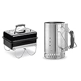 Weber Holzkohlegrill Go Anywhere, 60 x 38 x 55 cm, schwarz, tragbar, Campinggrill, 1131004 & 7416 Anzündkamin Rapidfire, Grillen mit Kohle, Anzünden