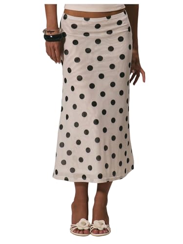 SOLY HUX Women's Polka Dots Midi Skirt Low Rise Summer Casual Going Out Skirts