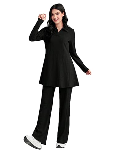 Image of TADKEE Women's Solid Color Two-Piece Set | Long Sleeve Top & Wide Leg Pants Co-ord Set | Casual Wear Co ord Set