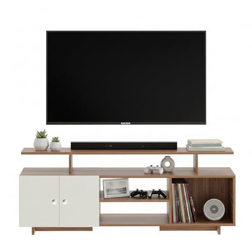 Image of FURNEASER Eskido Engineered Wood TV Entertainment Unit, Floor Standing TV Cabinet with Storage Shelves for Living Room, TV Stand for 32,43,50 & 55 Inch TV (Exotic Teak & White) (Exotic Teak & White)