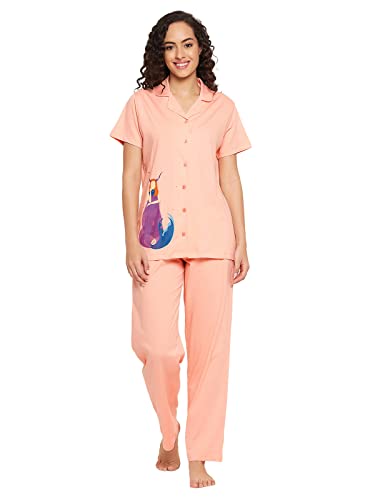 Image of Clovia Women's Cotton Pretty Print Button Me Up Shirt & Pyjama Set