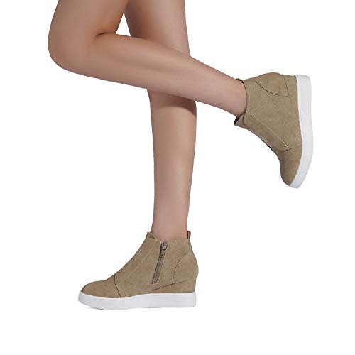 DREAM PAIRS Women’s Platform Wedge Sneakers Ankle Booties,Size 9.5,Taupe,WEDGE-SNKR-1