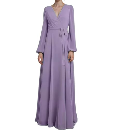 Robe de demoiselle d'honneur à manches longues en mousseline maxi robe de soirée col en V ZMAH395