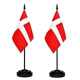 Denmark Desk Flag Set, 2 Pack Danish Table Office Flags, Small Mini Desktop Flag With 12" Solid Blac