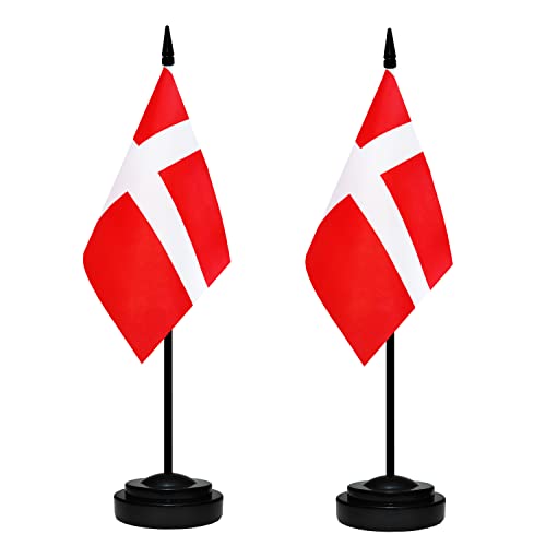 Denmark Desk Flag Set, 2 Pack Danish Table Office Flags, Small Mini Desktop Flag With 12" Solid Black Pole, Black Base, Miniature Desktop Flag #TOP4