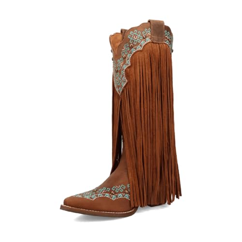 UniqueStride Women Embroidery Fringe Western Boots Tassels Suede Chunky Heel Cowboy Cowgirl Studded Vintage Boots