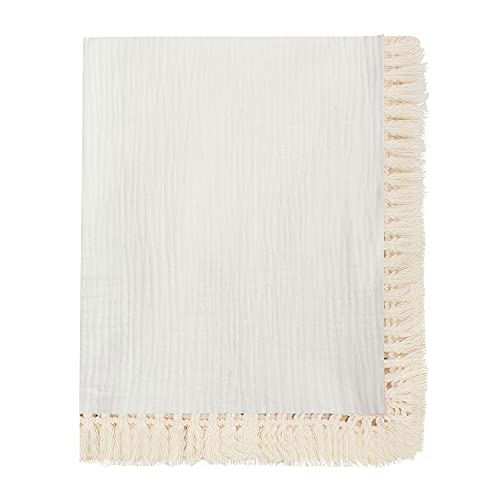 Image of JH-YiSheng Cotton Muslin Baby Blanket with Tassel, Newborn Swaddle Wrap, Cotton Baby Receiving Blanket, Infant Sleeping Quilt Bed Cover, 43"x47" (White)