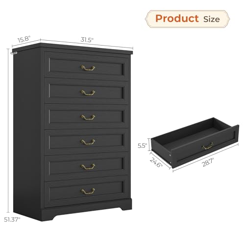 Hasuit Farmhouse 6 Drawer Dresser for Bedroom, 51.3" Tall Wood Dressers Chest of Drawer, Rustic Storage Cabinet Organizer with Large Drawer and Vintage Handle, Black Dresser for Bedroom Closet Hallway