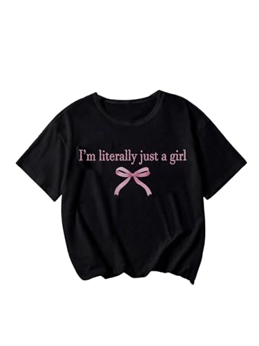 OYOANGLE Girl's Letter Bow Print T Shirt Crew Neck Short Sleeve Drop Shoulder Casual Tee Shirts3