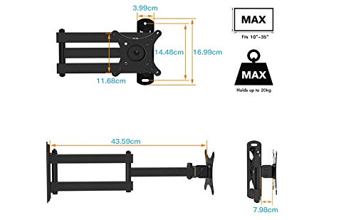 Supporto TV Universale, Orientare, Inclinare, Ruotare – Adatto per TV LCD/LED a Schermo Piatto tra 10 e 35 pollici – Estendibile di 43.59cm – Sostiene fino a 20kg – Foratura VESA Massima 100X100mm