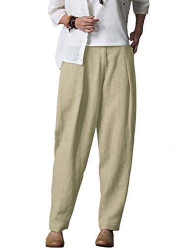 Minibee Women's Casual Linen Pants Elastic Waist Tapered Pants Trousers with Pockets Linen M
