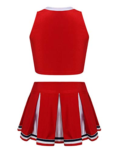 QinCiao Kids Girls Cheer Leader Uniform Cheerleading Costume School Musical Sleeveless Crop Top with Pleated Skirt Set Red 8