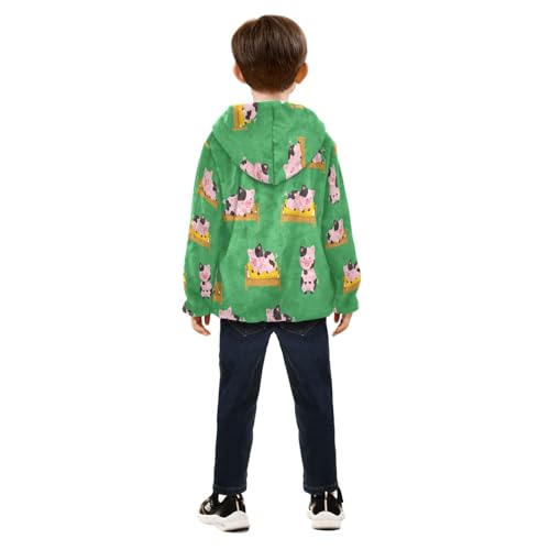 Pig Pattern on Green Background Toddler Fleece Jacket Girl Boys Hooded Fleece Jacket Coat Warm Outwear Zip-up 3-10T4