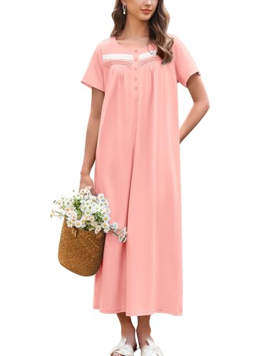 Image of Ekouaer Nightgown for Women Cotton Long Night Gown Short Sleeve Nightdress with Pockets Button Sleepshirt Soft Sleepwear