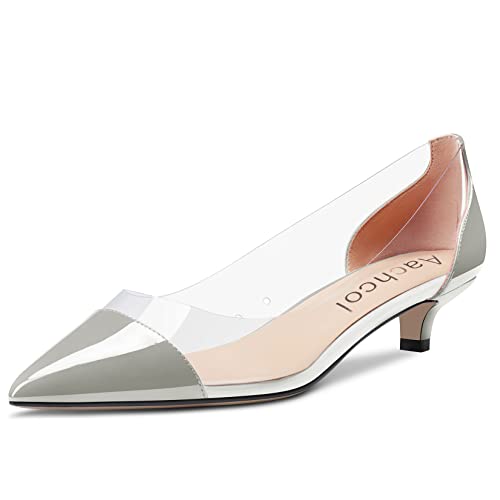 Aachcol Women Low Kitten Heel Pumps Clear Slip-on Pointed Toe Dress Shoes Office Party Wedding Patent 1.5 Inch