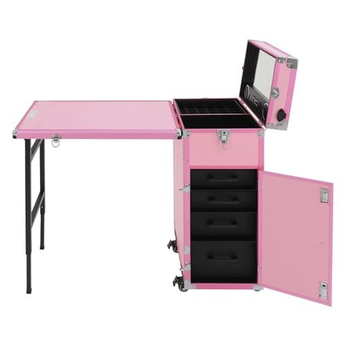 jiongcln Maletín de cosméticos con ruedas, maletín de maquillaje, mesa de uñas, mesa de maquillaje, mesa de manicura, mesa de manicura, organizador para viajes, spa, salón de belleza, rosa