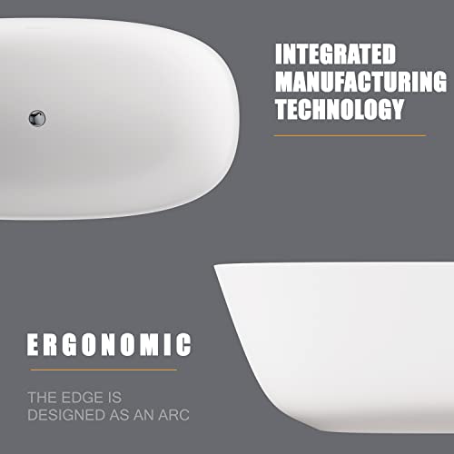 Cpingao (63"Lx31.5"Wx22"T) Stone Resin Solid Surface Freestanding Bathtub, Modern Elegant Design Soaking Stand Alone Tub, Matte White, Chrome Drain And Overflow Included 8823A #TOP2