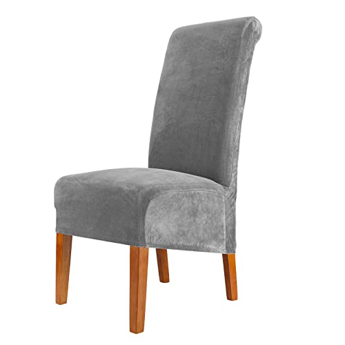 CMAKER Velvet Dining Chair Covers, Stretch Large Chair Slipcover, Spandex High Back Chairs Cover Elastic Washable Removable XL Chair Protector,Set of 2,Smoky Gray