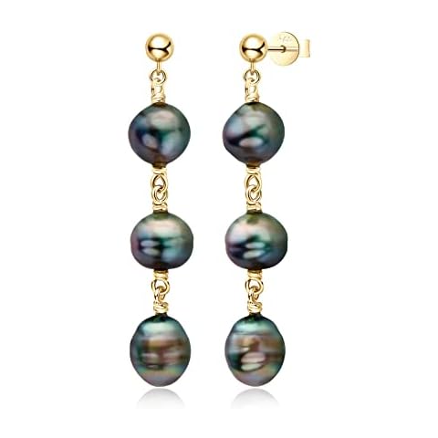 DENGGUANG Tahitian Black Baroque Pearl Dangle Drop Earrings for Women 18K Gold Plated 925 Sterling Silver – Birthday Anniversary Jewelry Gifts for Women (8-9mm Yellow Gold) Cover