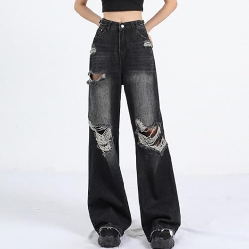 Womens Ripped Boyfriend Jeans Trendy Y2K Baggy Destroyed Denim Pants Streetwear Wide Leg Long Trousers with Pockets3
