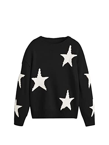WDIRARA Girl's Star Printed Round Neck Long Sleeve Sweater Casual Drop Shoulder Pullover Knitwear